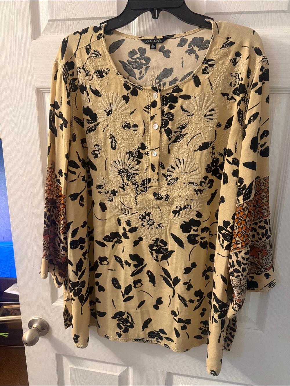 John Mark Cream Tunic with Black Floral Print and Multicolor Sleeve Panels